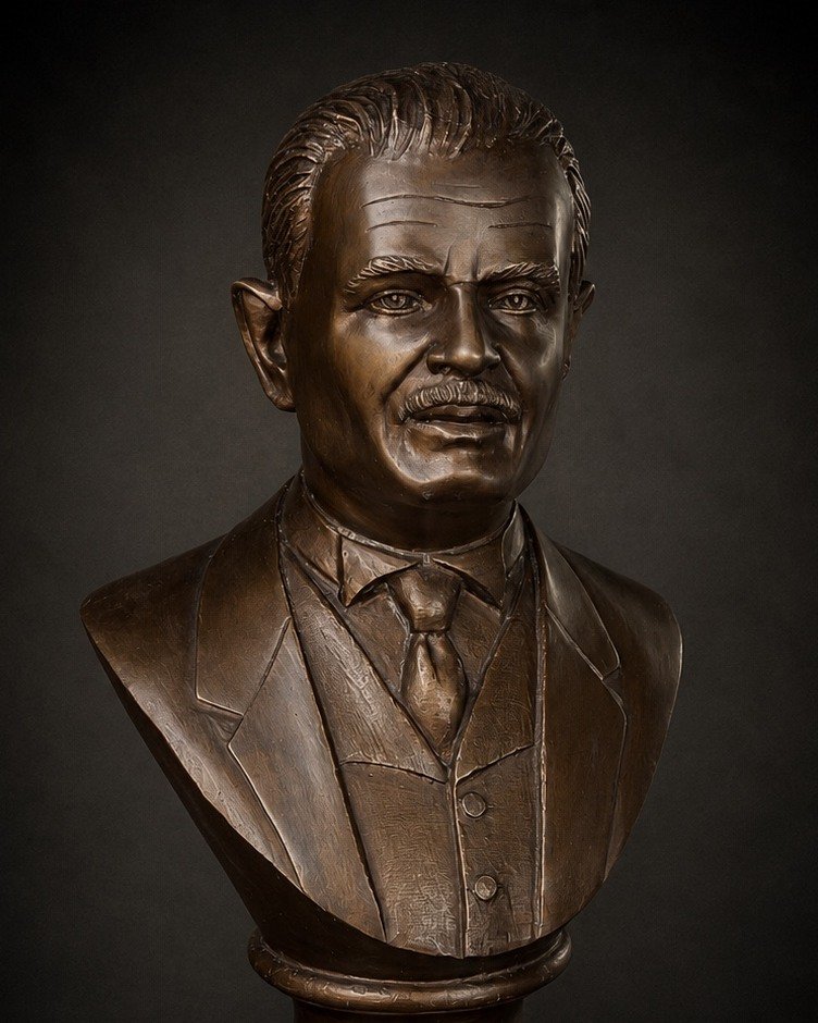 Busto em bronze de homem de bigode, terno e colete, sobre pedestal de granito