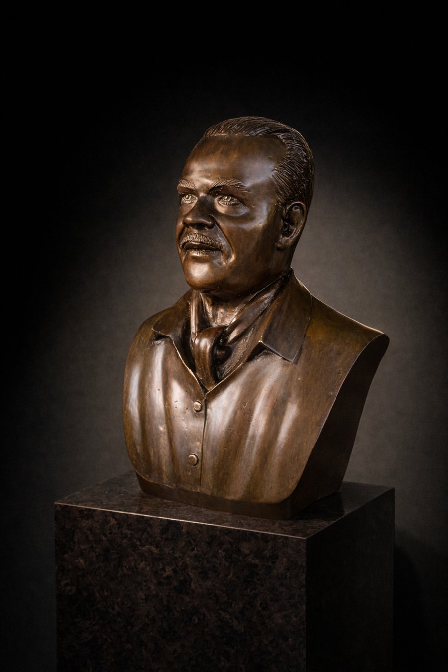 Busto em bronze de homem de camisa sobre pedestal de granito