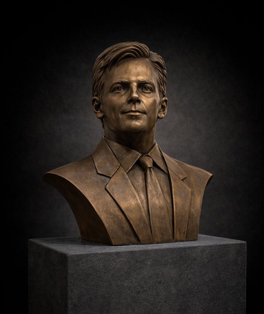 Busto em bronze de homem jovem de terno e gravata